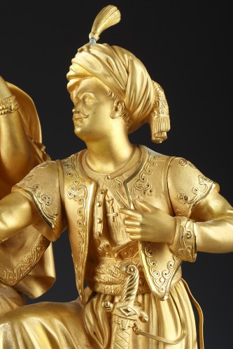 19th century -  Leila and the Giaour Gilded Bronze Clock, France, Circa 1830