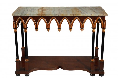 Neo-Gothic Wooden and Marble Console Table, France, circa 1830