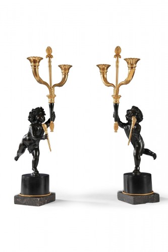 Pair of Marble and Gilded Bronze Candelabras "Aux Amours", France, c.1800