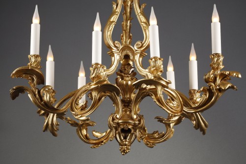 19th century - Gilded Bronze 8 Lights Chandelier After a Model by Caffieri, France, c.1880