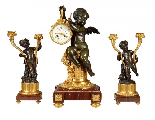 "The Drummer Child" Clock Set Signed Brulfer Paris, France circa 1880