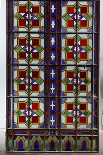 Architectural & Garden  -  Polychrome Stained Glass Window, France circa 1900
