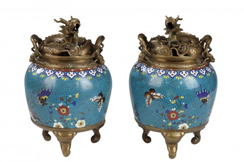 Lovely Chinese Cloisonné Enamel Pair of Jars, China, Early 19th Century
