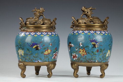 Asian Works of Art  - Lovely Chinese Cloisonné Enamel Pair of Jars, China, Early 19th Century
