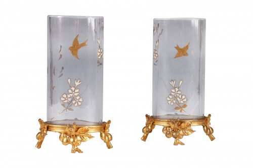  Pair of "Japonisme" Baccarat Crystal &Gilded Bronze Vases, France, c. 1880