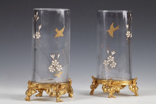 19th century -  Pair of &quot;Japonisme&quot; Baccarat Crystal &amp;Gilded Bronze Vases, France, c. 1880