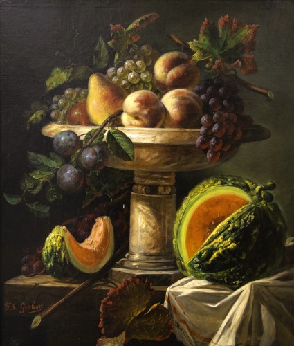 François-Frédéric GROBON (1815-1902) Nature morte aux raisins et pêches et poires