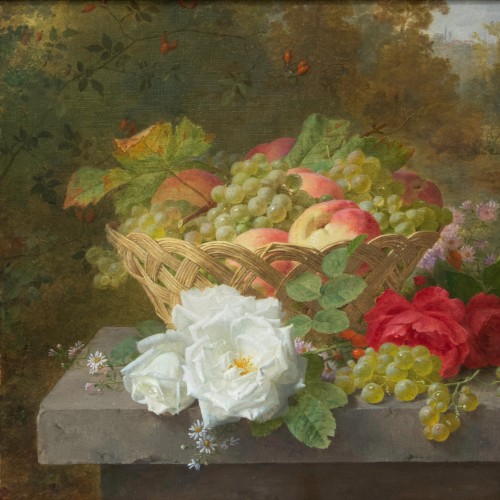 Tableaux et dessins Tableaux XIXe siècle - Jules Ferdinand Medard (1855 - 1925) - Panier tressé aux fruits et aux fleurs