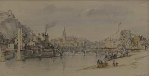 Alfred de Courville (?-1875) - View of Lyon, the banks of Saône at Saint-Georges 