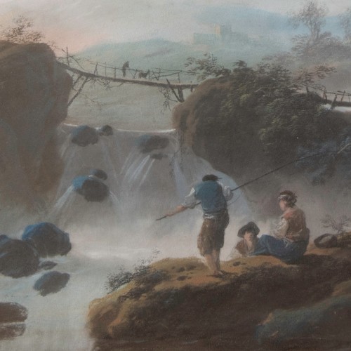 Jean-Baptiste Pillement (1728 - 1808) - Pêcheurs près d'une cascade - Tableaux et dessins Style Louis-Philippe