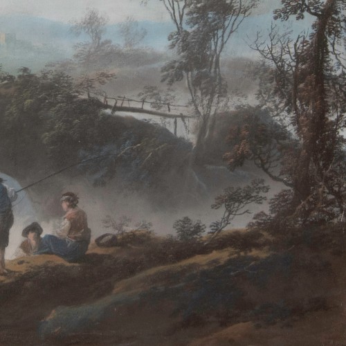 Tableaux et dessins Dessin, Aquarelle & Pastel - Jean-Baptiste Pillement (1728 - 1808) - Pêcheurs près d'une cascade