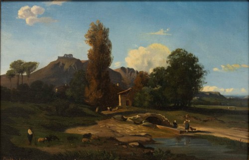 Antoine PONTHUS-CINIER (1812–1885), Animated Landscape with a Small Bridge