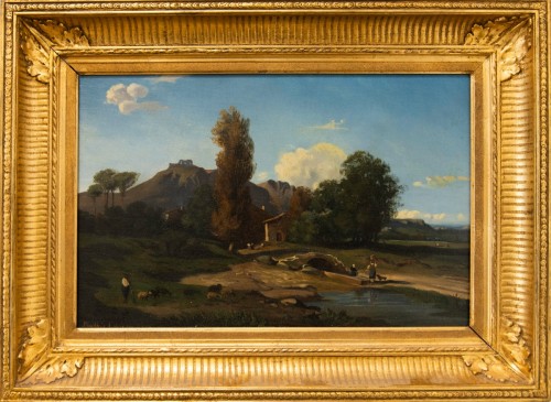 Antoine PONTHUS-CINIER (1812–1885), Animated Landscape with a Small Bridge - Paintings & Drawings Style Restauration - Charles X
