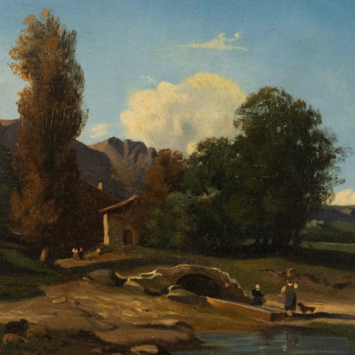 Paintings & Drawings  - Antoine PONTHUS-CINIER (1812–1885), Animated Landscape with a Small Bridge