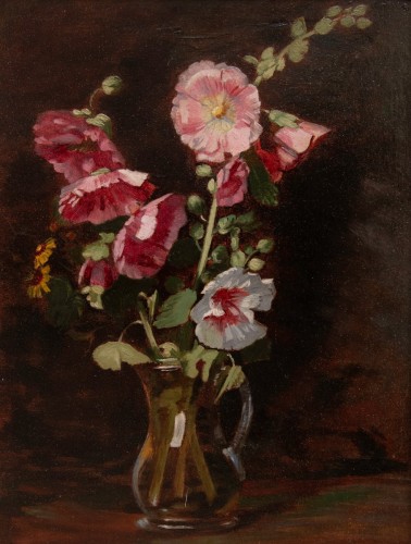 Antoine BERJON (1754 -1843) Roses trémières dans un pichet de verre