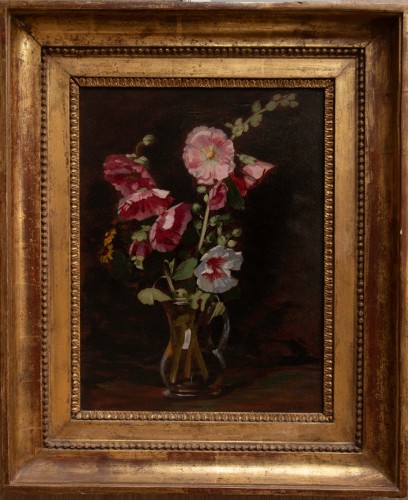 Antoine BERJON (1754 -1843) Roses trémières dans un pichet de verre - Tableaux et dessins Style Empire