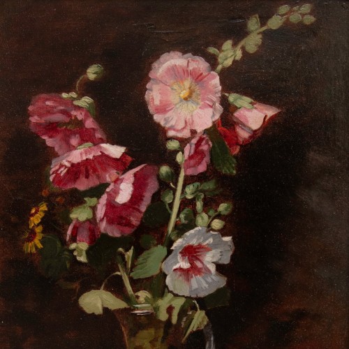 Tableaux et dessins Tableaux XIXe siècle - Antoine BERJON (1754 -1843) Roses trémières dans un pichet de verre