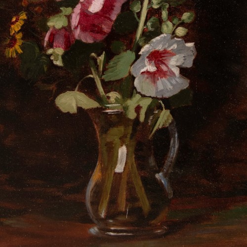 Antoine BERJON (1754 -1843) Roses trémières dans un pichet de verre - Tomaselli Collection