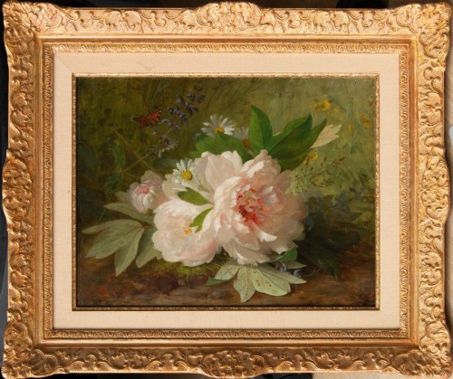 Jules Ferdinand Médard (1855-1925), White Peonies And Butterfly Flight,1889 - Paintings & Drawings Style Napoléon III