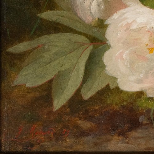 19th century - Jules Ferdinand Médard (1855-1925), White Peonies And Butterfly Flight,1889
