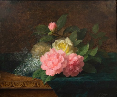 Jules Ferdinand Médard (1855-1925)Throw of peonies and roses on blue velvet