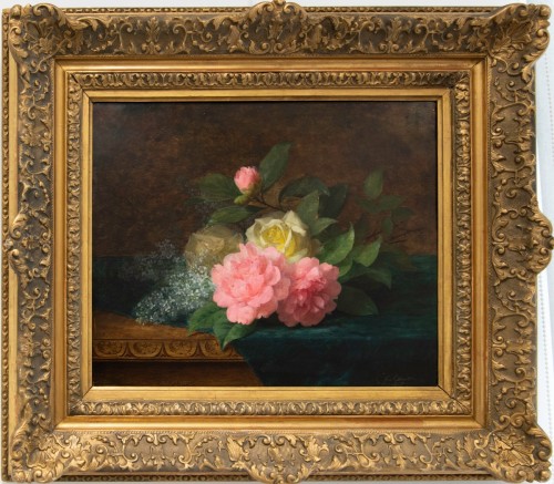Jules Ferdinand Médard (1855-1925)Throw of peonies and roses on blue velvet - Paintings & Drawings Style Napoléon III