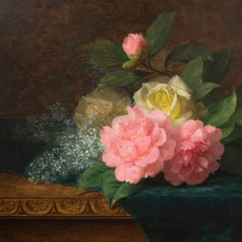 Paintings & Drawings  - Jules Ferdinand Médard (1855-1925)Throw of peonies and roses on blue velvet