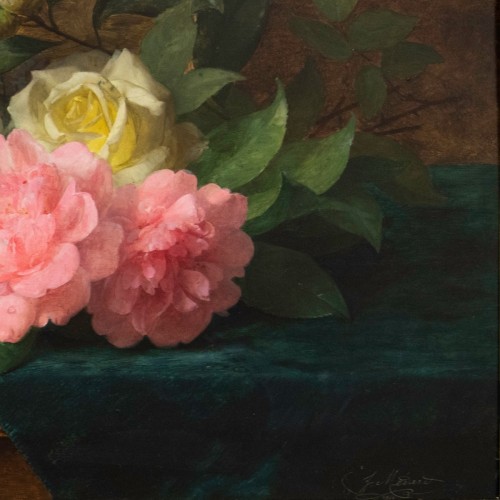 Jules Ferdinand Médard (1855-1925)Throw of peonies and roses on blue velvet - 