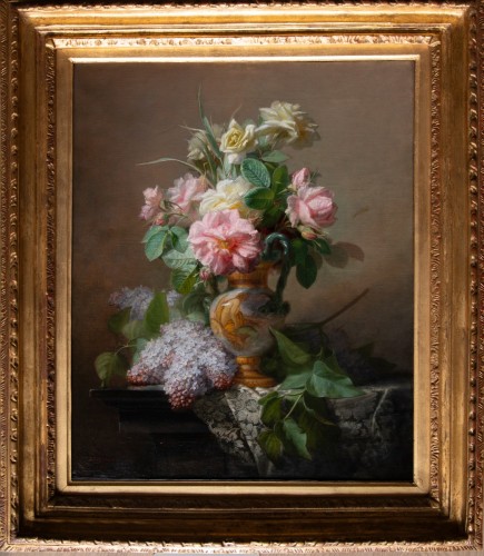 Jean-Marie REIGNIER (1815 - 1886), Bouquet de fleurs sur un entablement - Tableaux et dessins Style Napoléon III