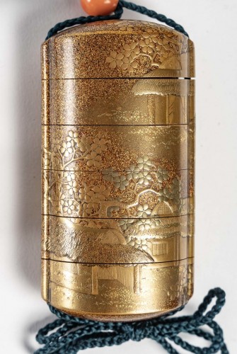 Asian Works of Art  - 5-Case lacquer inro and metallic alloy inclusions - Jiyosai