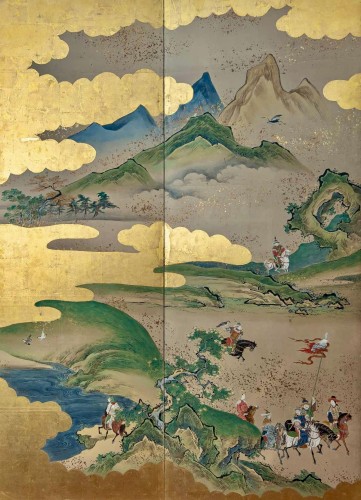 Six-Panel Japanese screen of Moghols hunting 17/18th century - Asian Works of Art Style 