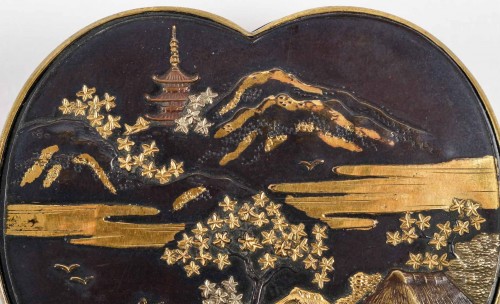 Asian Works of Art  - Original Small Covered Metal Box In The Shape Of A Fan