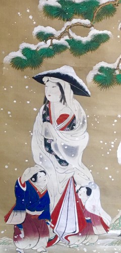 Asian Works of Art  - Japanese kakemono of woman and kids by Morizumi Tsurana (1802-1892)