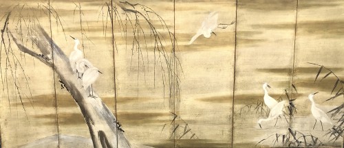 Japanese 6-panel screen of geese and egrets
