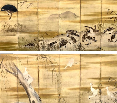 Japanese 6-panel screen of geese and egrets