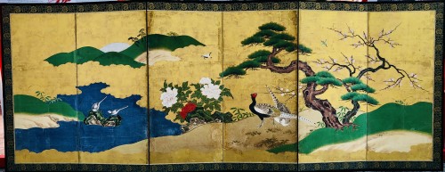 Antiquités - Paravent japonais à 6 panneaux - Ecole Kano