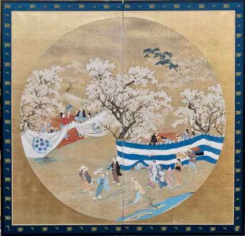 Le printemps, paravent japonais à 2 panneaux - Epoque Meiji