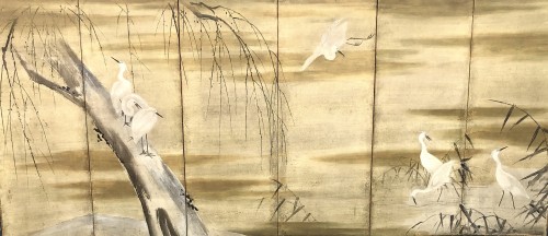 Japanese pair 6-panel screen of geese attribution Kanô Sansetsu (1589-1651)