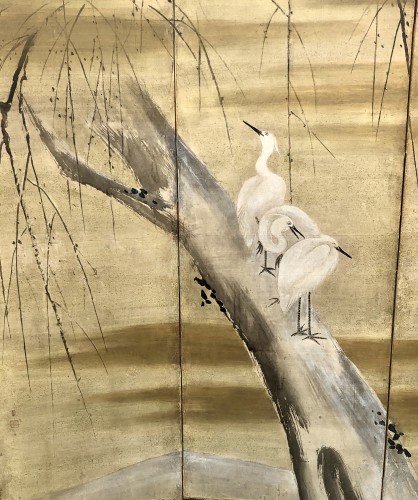 Japanese pair 6-panel screen of geese attribution Kanô Sansetsu (1589-1651) - Asian Works of Art Style 