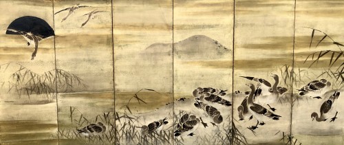 Japanese pair of 6-panel screen attribution to Kano Sansetsu