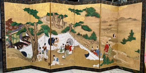 Antiquités - Paravent japonais à 6 panneaux - scènes de vie
