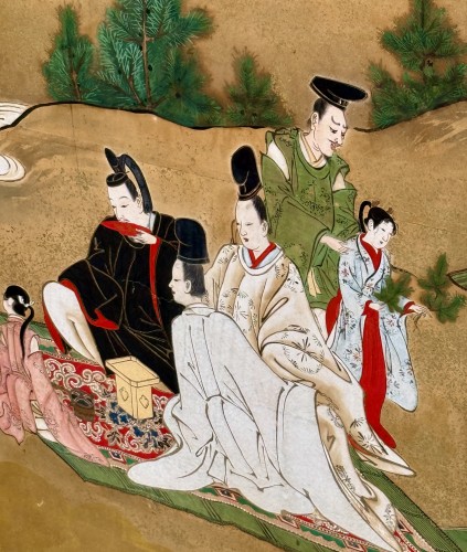 Asian Works of Art  - Japanese 6-panel screen of leisure life