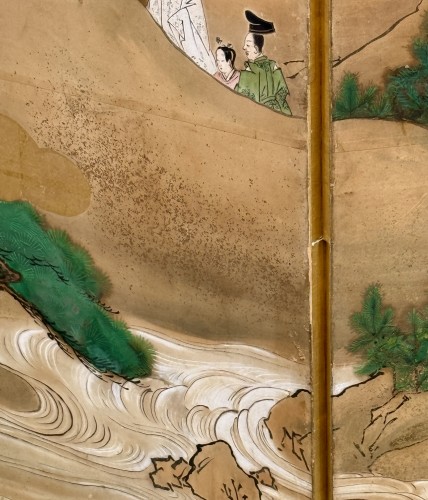 19th century - Japanese 6-panel screen of leisure life