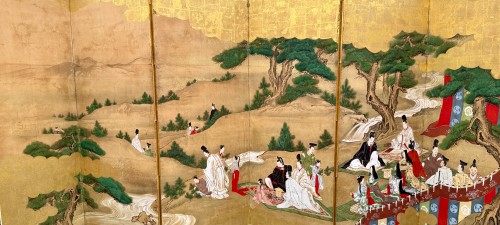 Antiquités - Paravent japonais à 6 panneaux - Scène de vie