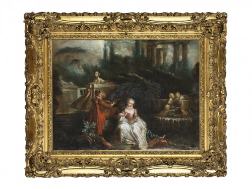 Scène galante avec joueur de luth, peintre français du XVIIIe siècle