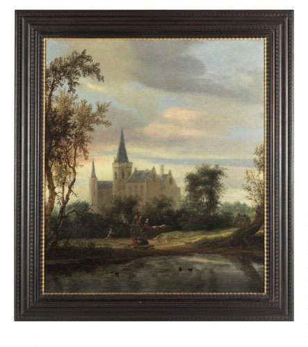 Salomon van Ruysdael  (1600 – 1670) Pond with Travellers and Manor House