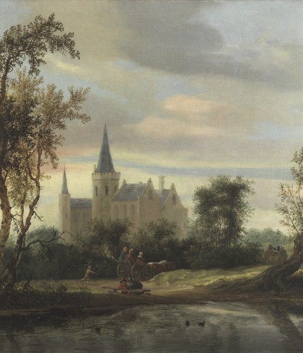 Paintings & Drawings  - Salomon van Ruysdael  (1600 – 1670) Pond with Travellers and Manor House