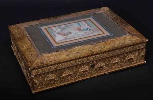 Antiquités - Boîte à couture Empire en papier mâché, Paris vers 1800