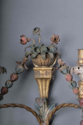 Louis XVI - Important Pair Of Wrought And Painted Iron Sconces, Veneto Ca. 1780 