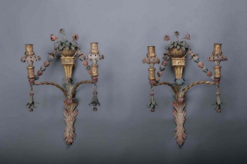 Antiquités - Important Pair Of Wrought And Painted Iron Sconces, Veneto Ca. 1780 